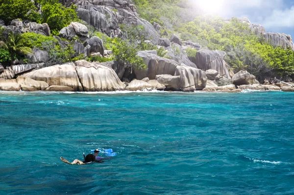 A snorkeler at an island coral reef with turtle. Seychelles. — Stock Photo, Image