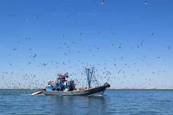 Visserij schoener komt in de haven is vol van vangst. — Stockfoto