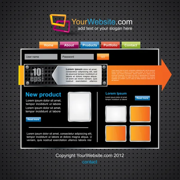 Web2 modello di sito web nero con elementi colorati — Vettoriale Stock