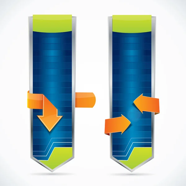 Vertikale Web-Stil editierbare blaue Banner mit orangen Pfeilen — Stockvektor