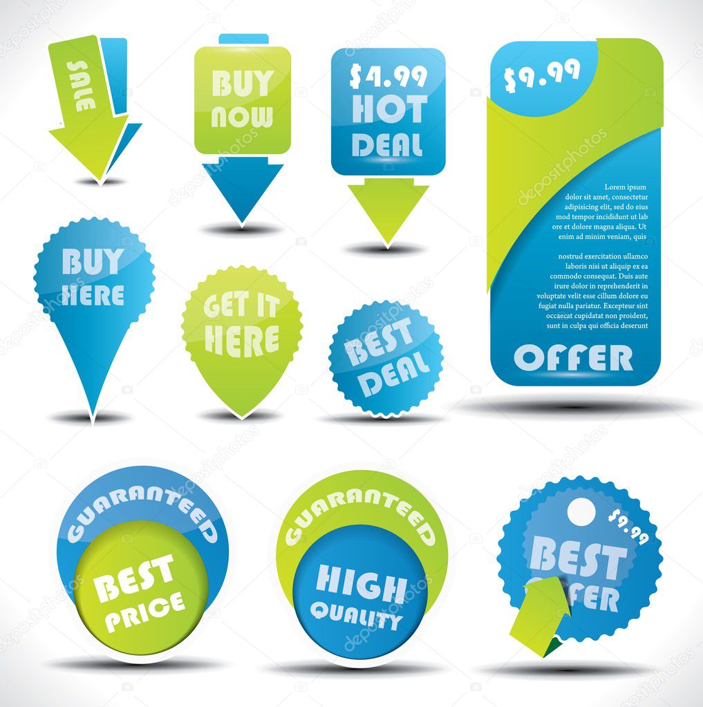 Blue and green special offer and sale labels and stickers