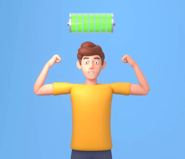 頭の上にフルバッテリ記号でエネルギー 強いと健康の完全な若い男の3Dレンダリング — ストック写真