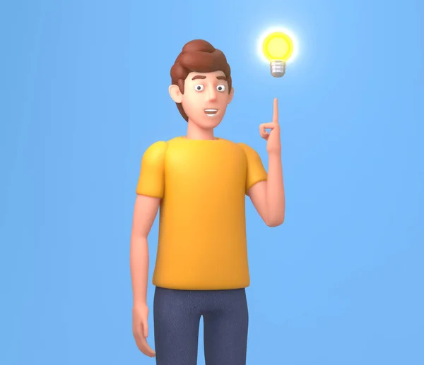 Візуалізація Молодого Чоловіка Який Вказує Ідею Лампочки Знайти Рішення Вирішити — стокове фото