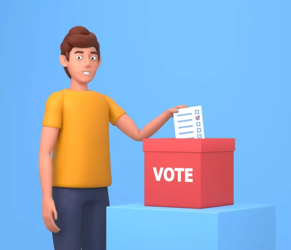 Render Young Man Putting Ballot Paper Vote Box Election Campaign — Stock Photo, Image