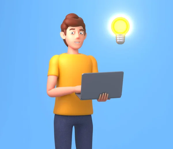 Render Young Man Laptop Standing Idea Light Bulb Find Solution — Stock Photo, Image