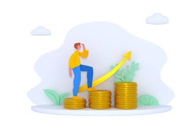 3D insan figürü, madeni paralardan yapılmış basamaklarla tırmanıyor. Mali veya gelir artışı