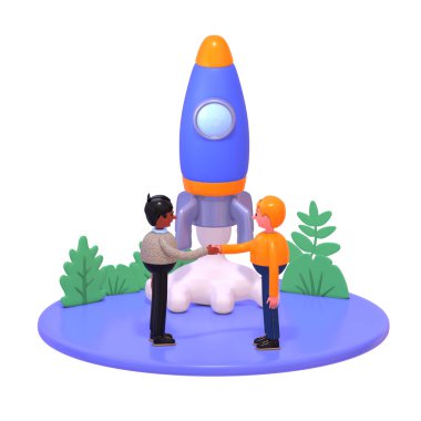 Roketin yanında durup el sıkışan üç boyutlu insanlar. Başlangıç, yeni bir iş projesi başlat, web ya da mobil uygulama başlat