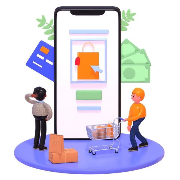 Render Group People Standing Big Phone Buying Products Online Commerce — Stock Photo, Image