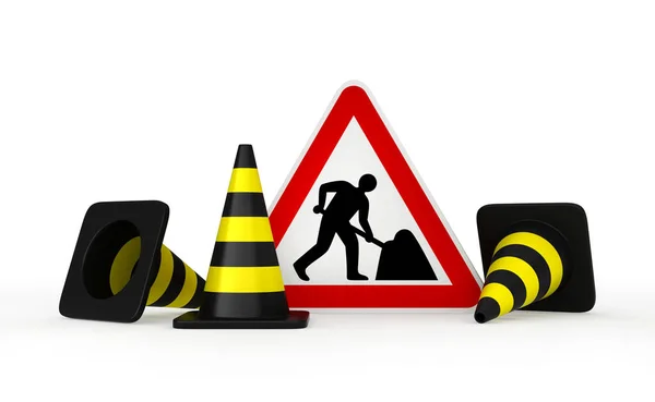 交通コーンと道路工事の標識の3Dレンダリング — ストック写真