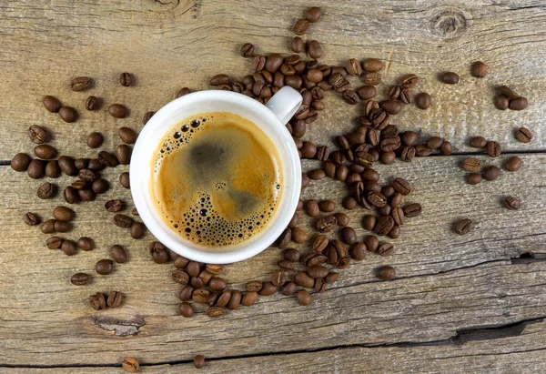 Cup Coffee Coffee Beans Wooden Board — Fotografia de Stock