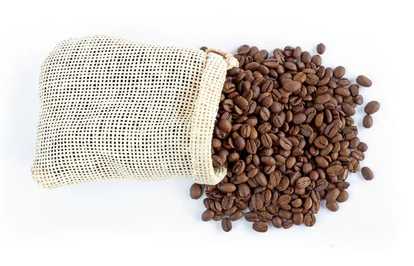 Coffee Beans Sack White Dark Brown Design Background Concept Top — Zdjęcie stockowe