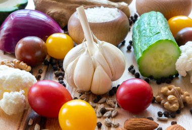 Close up of different vegetables and spices set