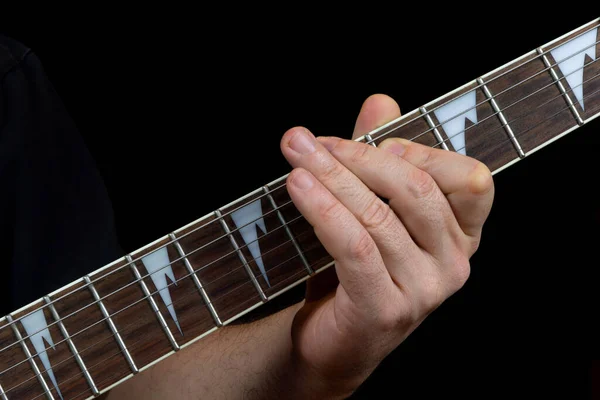 Guitarists Hand Playing Fretboard Electric Guitar — Stok fotoğraf