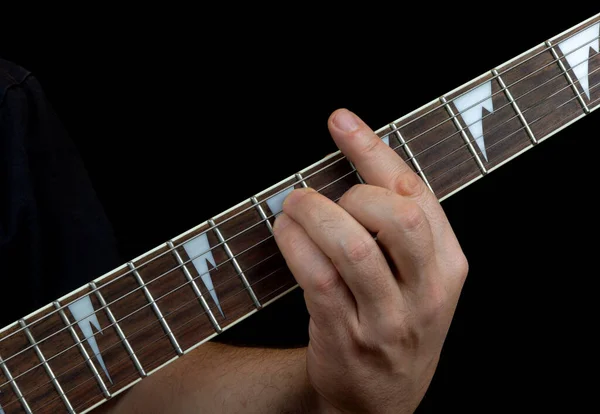 Guitarists Hand Playing Fretboard Electric Guitar — стоковое фото