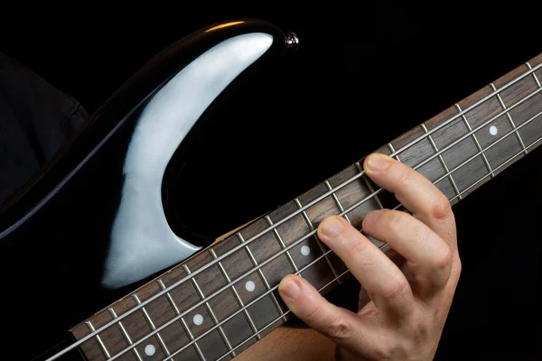 Guitarists Hand Playing Fretboard Electric Bass Guitar — Fotografia de Stock