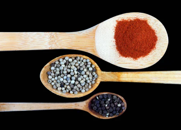 Spices Wooden Spoon Isolated Black Background — Stockfoto