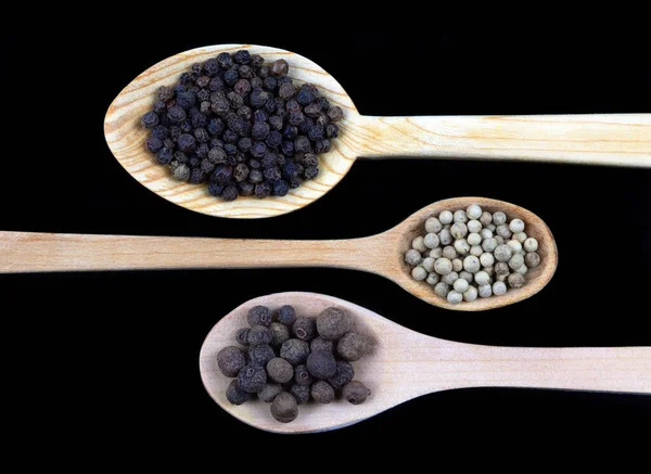 Spices Wooden Spoon Isolated Black Background — стоковое фото