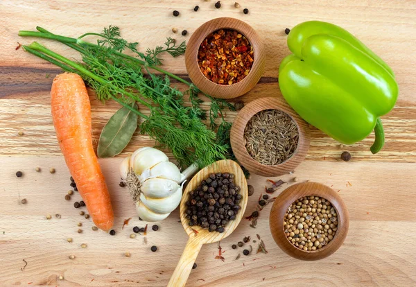 Set Different Spices Vegetables Wooden Board — Stockfoto