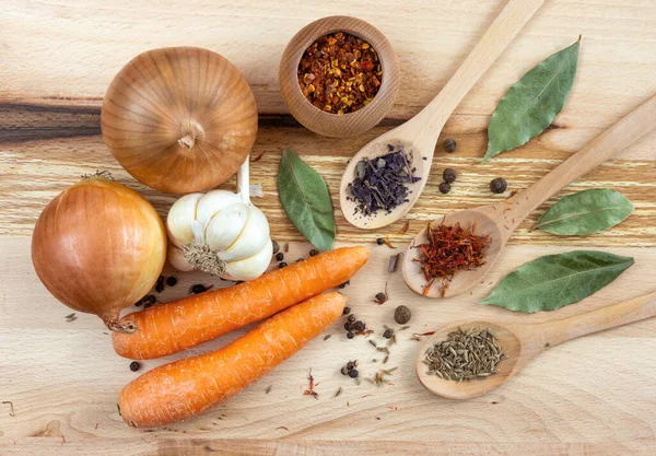 Set Different Spices Vegetables Wooden Board — Stockfoto