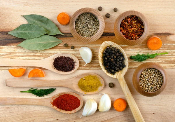 Set Different Spices Vegetables Wooden Board — Stockfoto