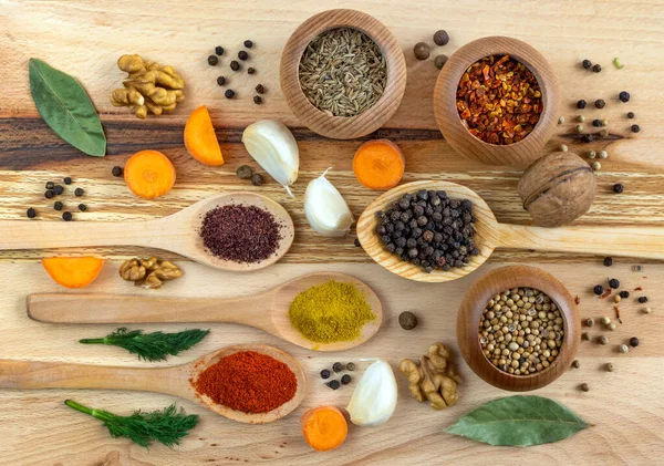 Set Different Spices Vegetables Wooden Board — Stockfoto