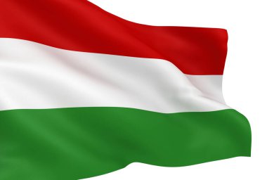 Beyaz arka planda izole edilmiş Macar bayrağı sallıyor