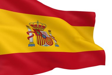 Beyaz arka grup üzerinde izole edilmiş İspanyol bayrağı sallıyor.