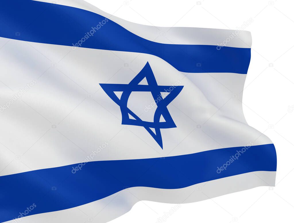 Waving Israeli flag isolated over white background