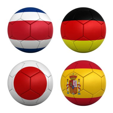 2022 Dünya Kupası E Grubu bayraklarıyla futbol topları - Kosta Rika, Almanya, Japonya ve İspanya