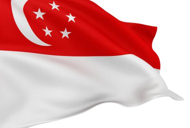 Beyaz arkaplan üzerinde izole edilmiş Singapur bayrağı dalgalanıyor