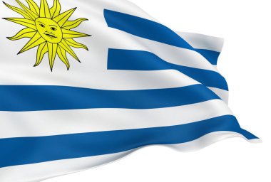 Beyaz arka planda izole edilmiş Uruguay bayrağı sallıyor
