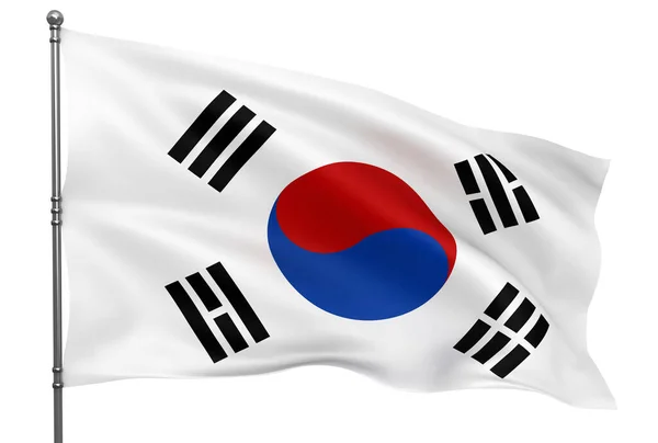 在白色的背景上飘扬着韩国国旗 — 图库照片