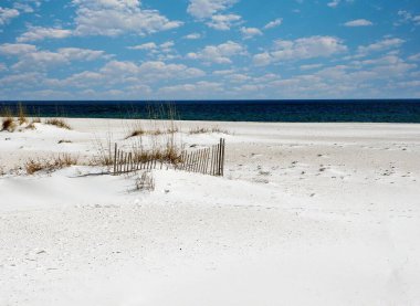 Beyaz şeker kumsalı ve Orange Beach, Alabama 'daki kum tepeleri.