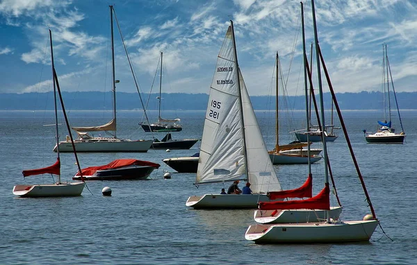 Boats Anchored Offshore Long Island Sound Greenwich Connecticut — Stock Photo, Image