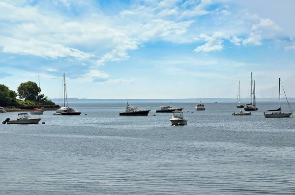 Boats Anchored Offshore Long Island Sound Greenwich Connecticut — Stock Photo, Image