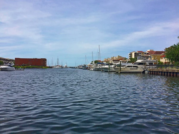 Boats and yachts docked at a marina in downtown Pensacola, Florida