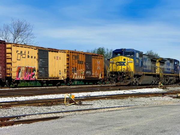 Pensacola, Florida, ABD 'de bir tren istasyonunda 7348 CSX dizel lokomotifli bir dizi yük vagonu duruyor.