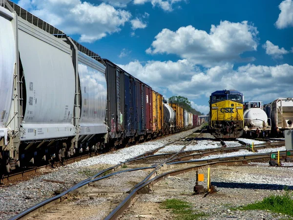 Uma Fileira Carros Carga Com Uma Locomotiva Diesel 7348 Csx — Fotografia de Stock