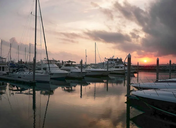 Boats and yachts docked at a marina in downtown Pensacola, Florida