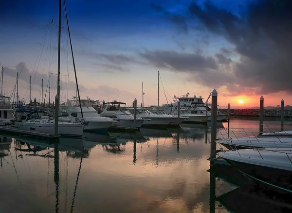 Boats and yachts docked at a marina in downtown Pensacola, Florida