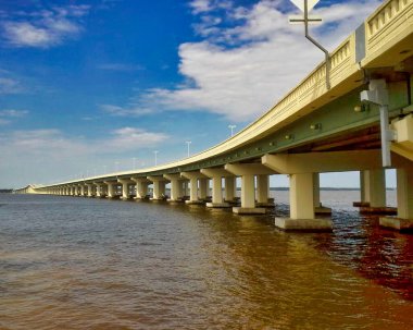 View from below Biloxi Bay Bridge as it crosses Biloxi Bay from Ocean Springs, Mississippi to Biloxi, Mississippi