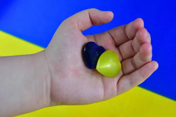 Children Hands Holding Heart Ukrainian Flag — Stock Photo, Image