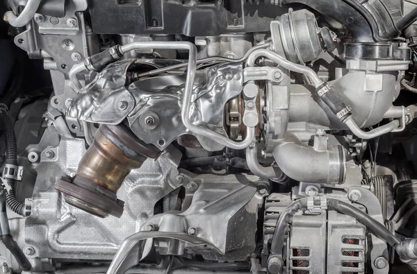 Motor Auta Fragment Moderního Automobilového Motoru Kovovými Chromovanými Ocelovými Díly Stock Snímky