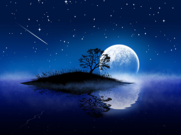 Magic night landscape with moon and lake