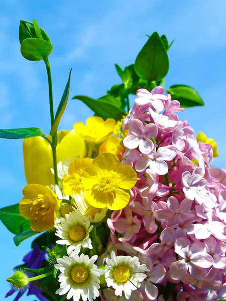 Φωτεινό πολύχρωμο μπουκέτο από κήπο και άγρια φυσικά λουλούδια — Φωτογραφία Αρχείου