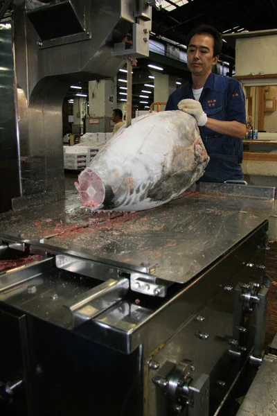 Cortar pescado de atún - Tsukiji Fish Market, Tokio, Japón — Foto de Stock
