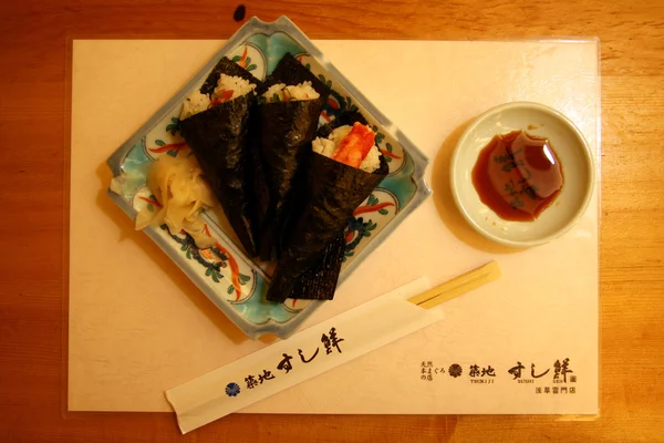 Wooden Sushi Tray - Sushi Restaurant, Traditional Japanese Food — Stock Photo, Image