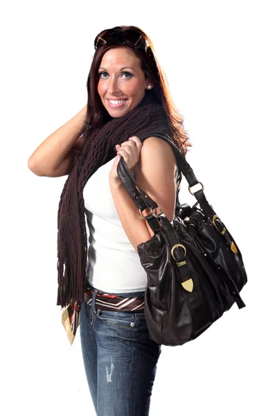 Schöne junge Frau - mit teurer Tasche — Stockfoto