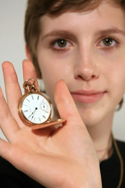 Girl Holding Old Fashioned Pocket Watch — Stock Photo, Image