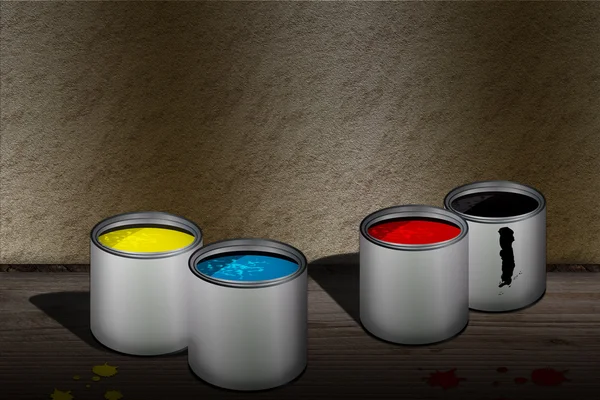 CMYK latas de tinta sobre piso de madeira — Fotografia de Stock